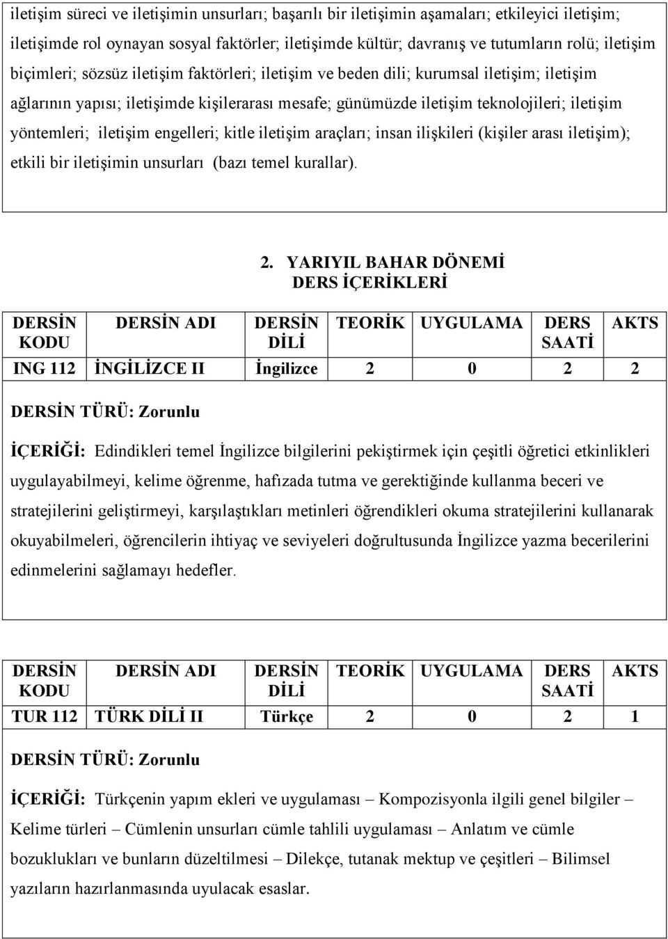 iletişim engelleri; kitle iletişim araçları; insan ilişkileri (kişiler arası iletişim); etkili bir iletişimin unsurları (bazı temel kurallar). ADI 2.