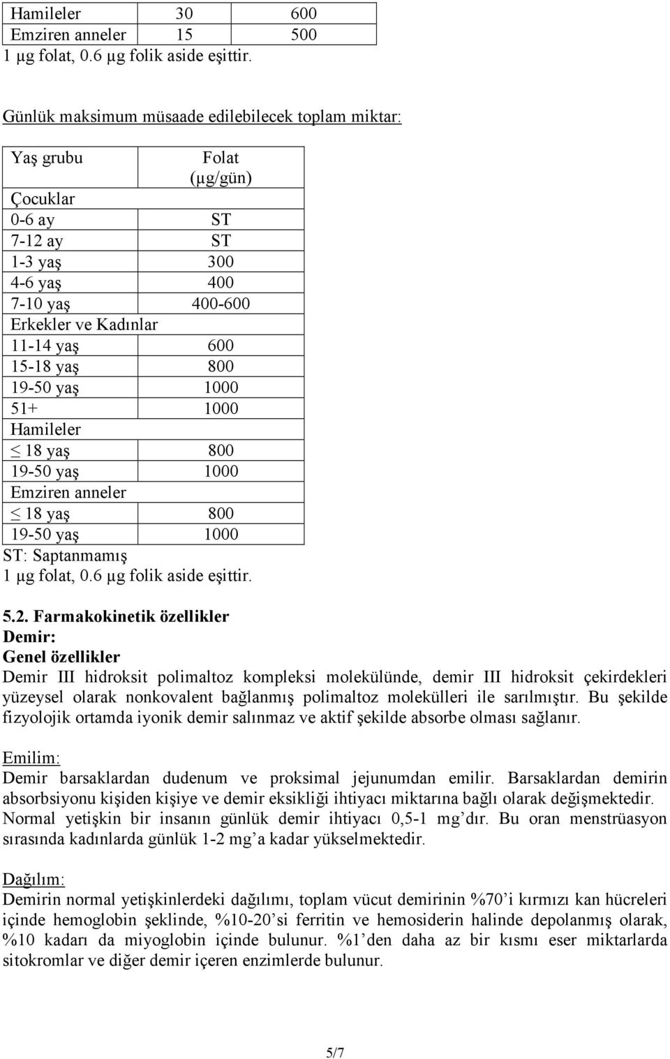 19-50 yaş 1000 51+ 1000 Hamileler 18 yaş 800 19-50 yaş 1000 Emziren anneler 18 yaş 800 19-50 yaş 1000 ST: Saptanmamış 1 µg folat, 0.6 µg folik aside eşittir. 5.2.