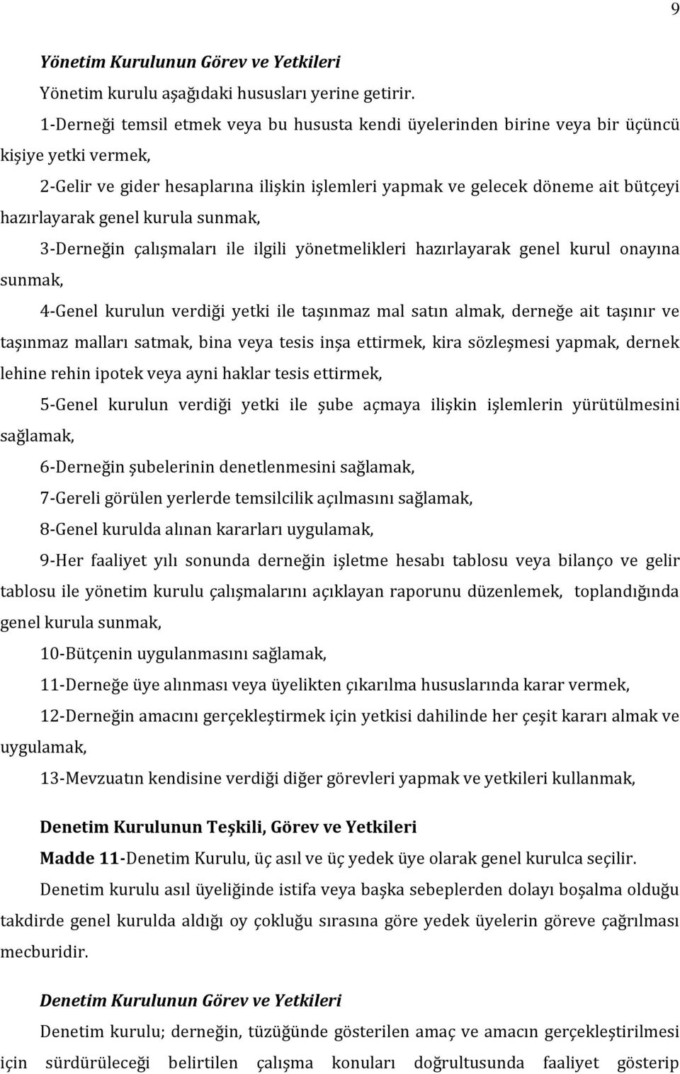 genel kurula sunmak, 3-Derneğin çalışmaları ile ilgili yönetmelikleri hazırlayarak genel kurul onayına sunmak, 4-Genel kurulun verdiği yetki ile taşınmaz mal satın almak, derneğe ait taşınır ve