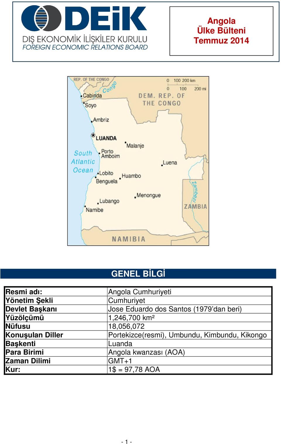 km² Nüfusu 18,056,072 Konuşulan Diller Portekizce(resmi), Umbundu, Kimbundu, Kikongo