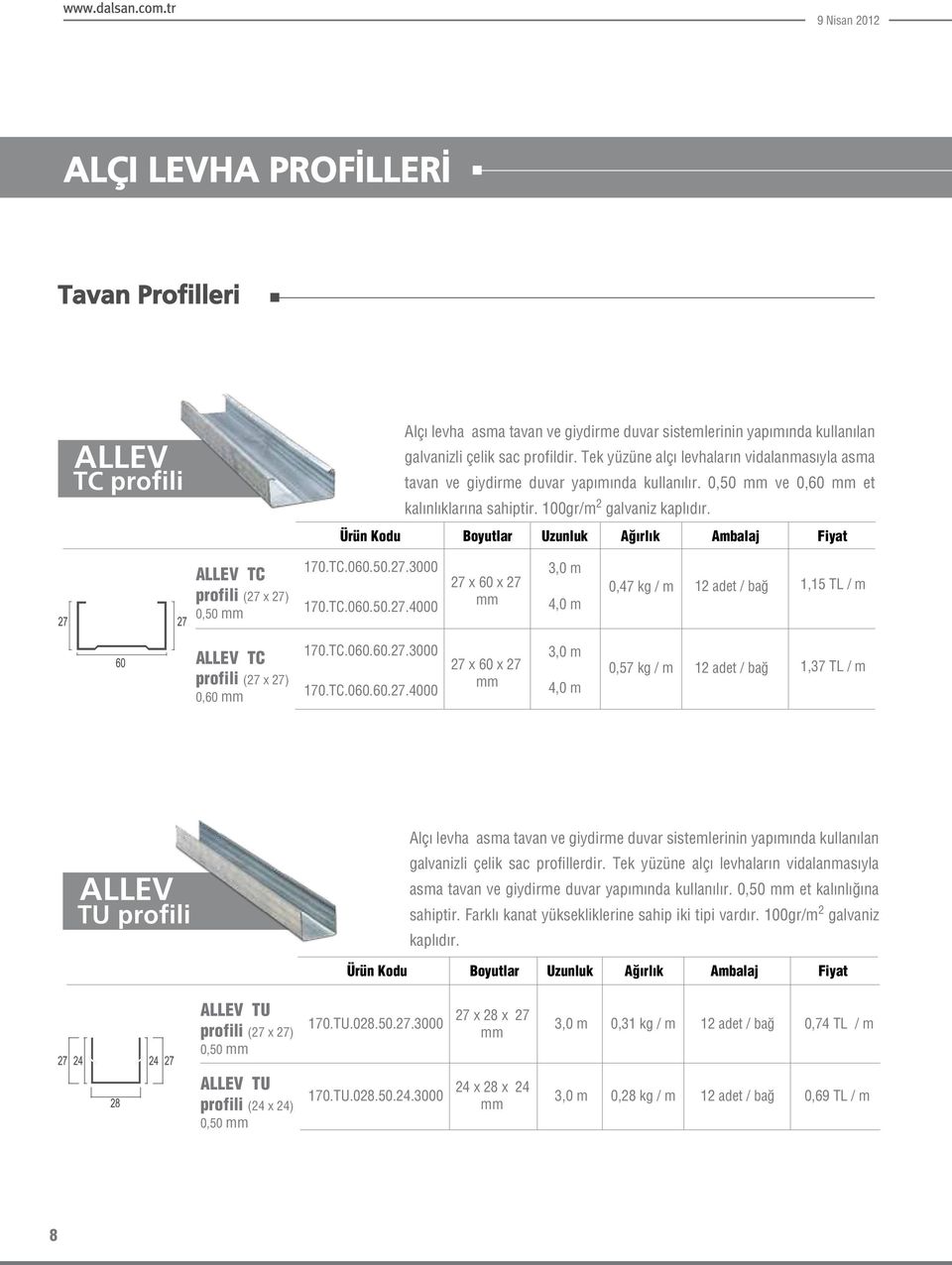 Ürün Kodu Boyutlar Uzunluk Ağırlık Ambalaj TC profili (27 x 27) 0,50 170.TC.060.50.27.3000 170.TC.060.50.27.4000 27 x 60 x 27 4,0 m 0,47 kg / m 12 adet / bağ 1,15 TL / m TC profili (27 x 27) 0,60 170.