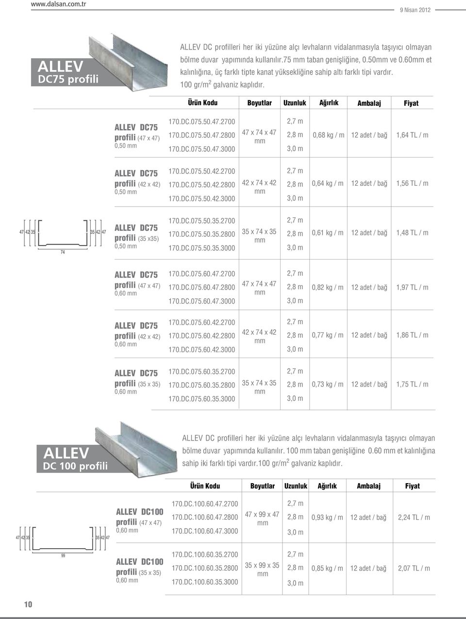 DC.075.50.47.2800 170.DC.075.50.47.3000 47 x 74 x 47 2,7 m 2,8 m 0,68 kg / m 12 adet / bağ 1,64 TL / m DC75 profili (42 