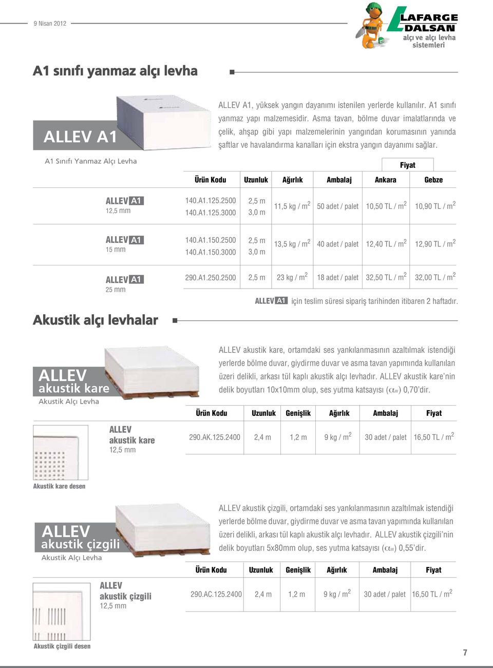 Ürün Kodu Uzunluk Ağırlık Ambalaj Ankara Gebze A1 12,5 140.A1.125.2500 140.A1.125.3000 2,5 m 11,5 kg / m 2 50 adet / palet 10,50 TL / m 2 10,90 TL / m 2 15 A1 140.A1.150.