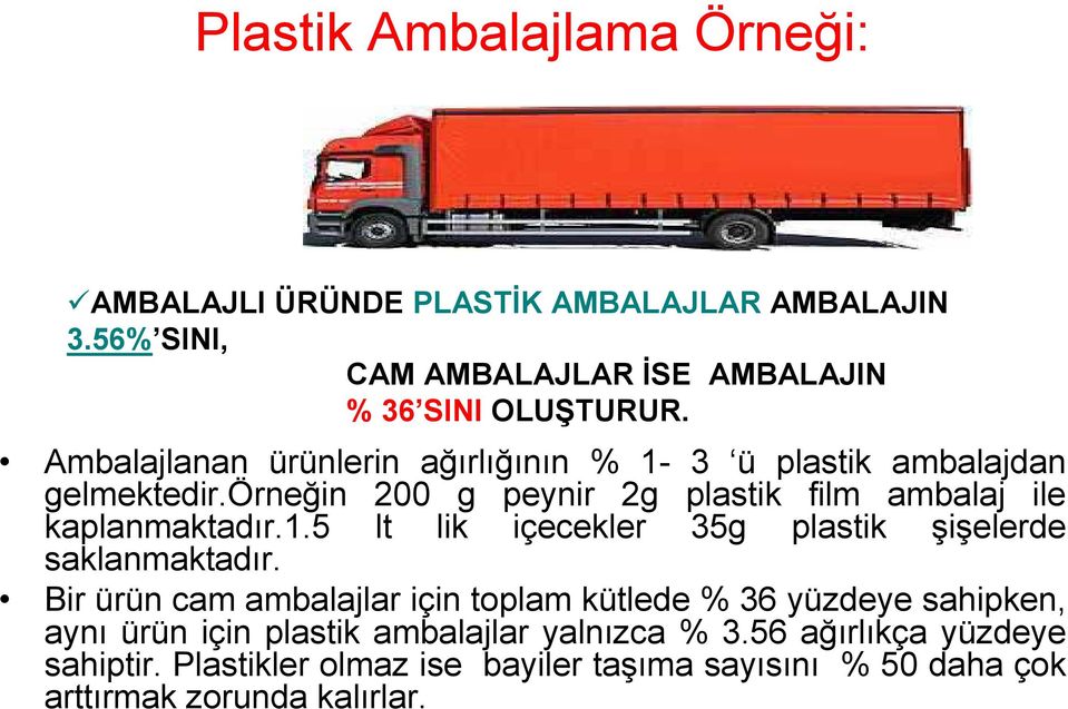 Bir ürün cam ambalajlar için toplam kütlede % 36 yüzdeye sahipken, aynı ürün için plastik ambalajlar yalnızca % 3.