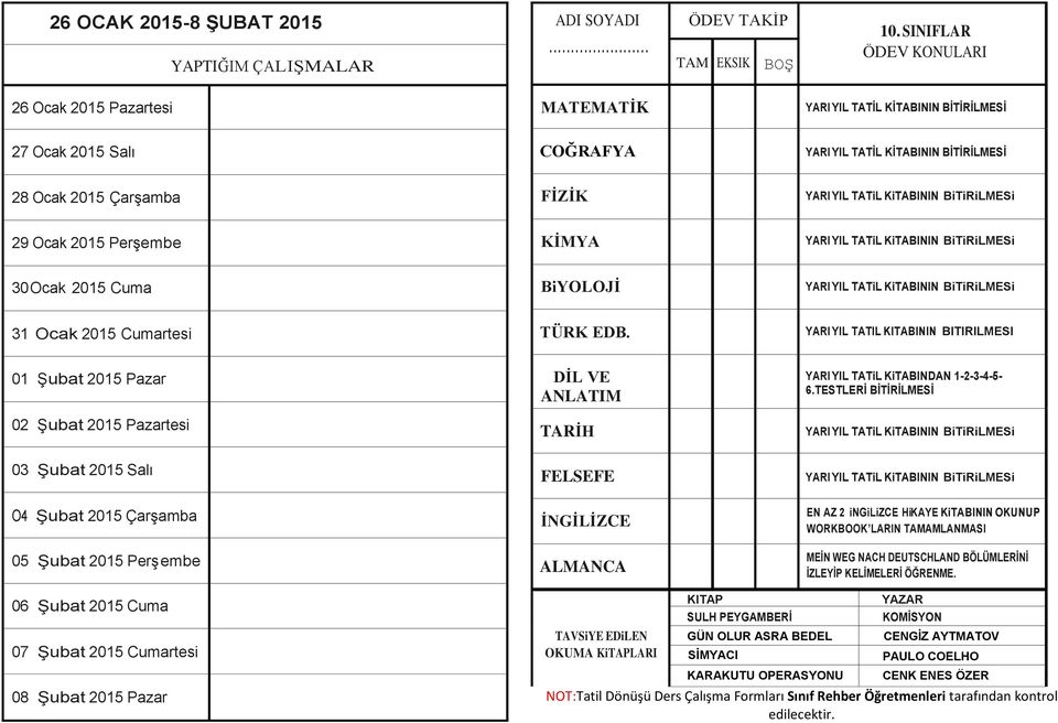 Perşembe KİMYA 30 Ocak 2015 Cuma BiYOLOJİ 31 Ocak 2015 Cumartesi TÜRK EDB. 01 Şubat 2015 Pazar DİL VE ANLATIM YARI YIL TATiL KiTABINDAN 1-2-3-4-5-6.