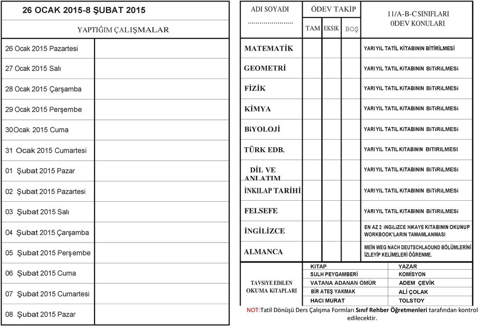 Perşembe KİMYA 30 Ocak 2015 Cuma BiYOLOJİ 31 Ocak 2015 Cumartesi TÜRK EDB.