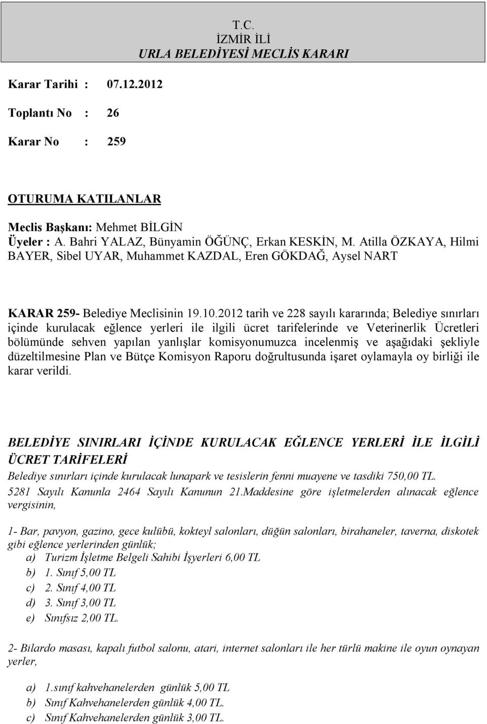 incelenmiş ve aşağıdaki şekliyle düzeltilmesine Plan ve Bütçe Komisyon Raporu doğrultusunda işaret oylamayla oy birliği ile karar verildi.