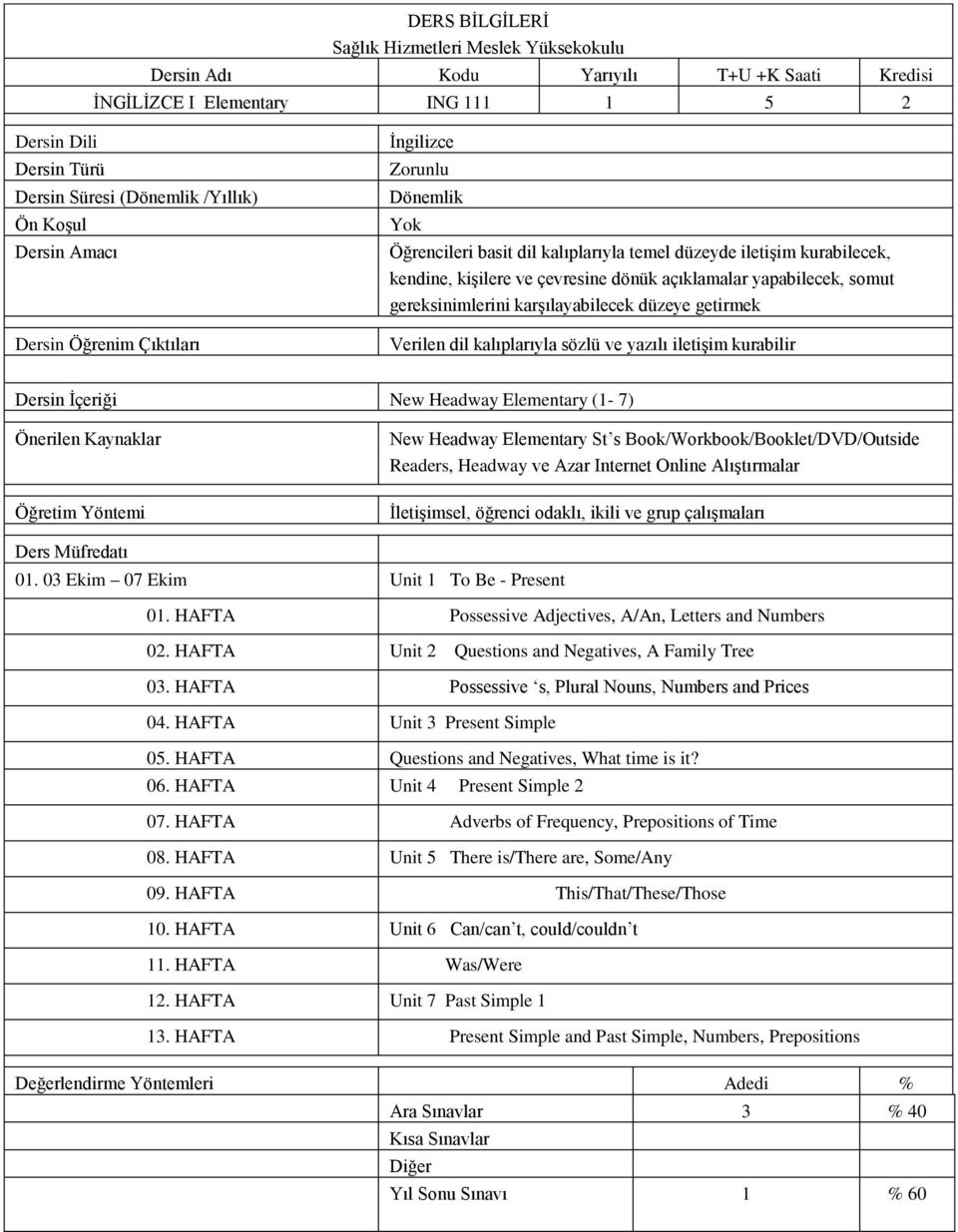 yapabilecek, somut gereksinimlerini karşılayabilecek düzeye getirmek Verilen dil kalıplarıyla sözlü ve yazılı iletişim kurabilir Dersin İçeriği New Headway Elementary (1-7) Önerilen Kaynaklar Öğretim