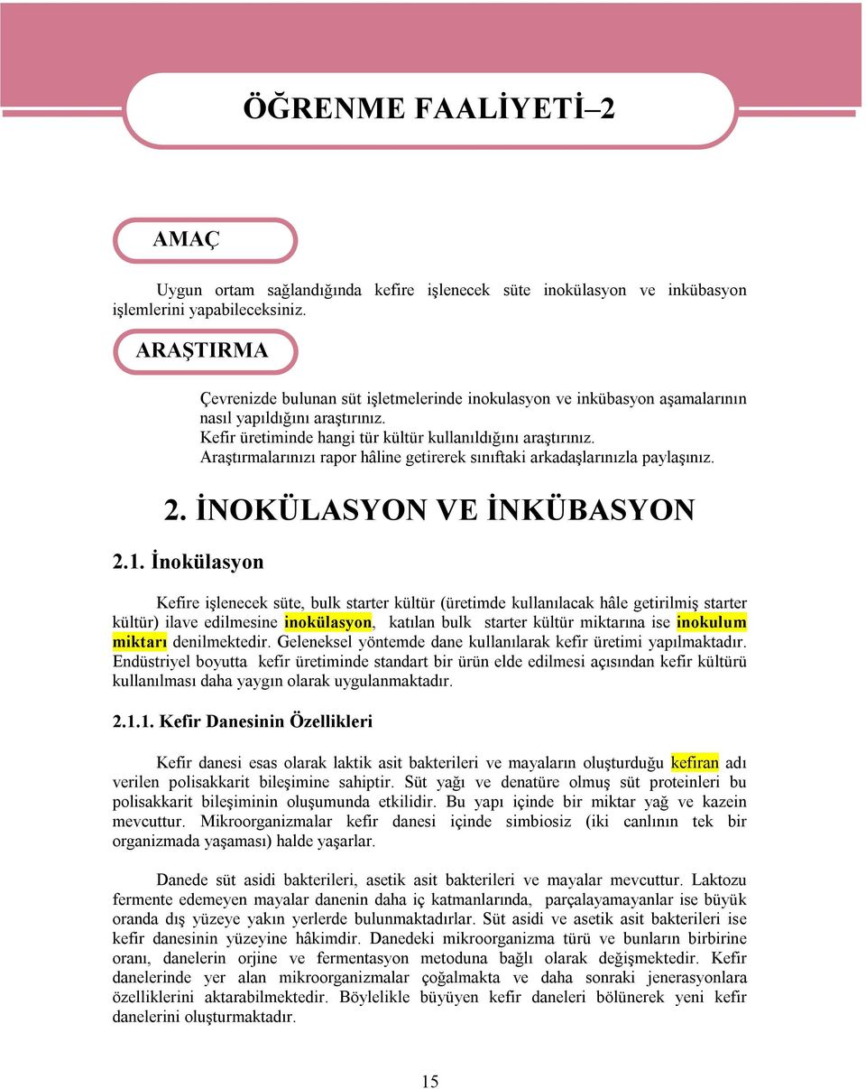 Araştırmalarınızı rapor hâline getirerek sınıftaki arkadaşlarınızla paylaşınız. 2. İNOKÜLASYON VE İNKÜBASYON 2.1.