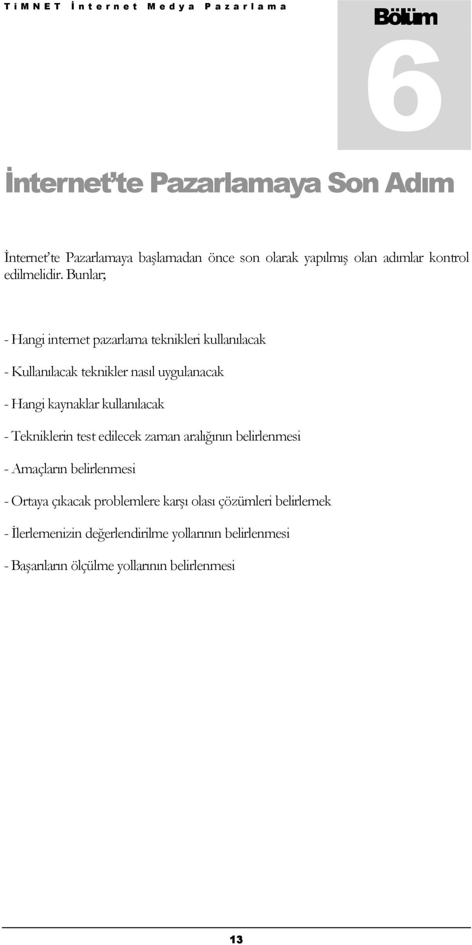 Bunlar; - Hangi internet pazarlama teknikleri kullanılacak - Kullanılacak teknikler nasıl uygulanacak - Hangi kaynaklar