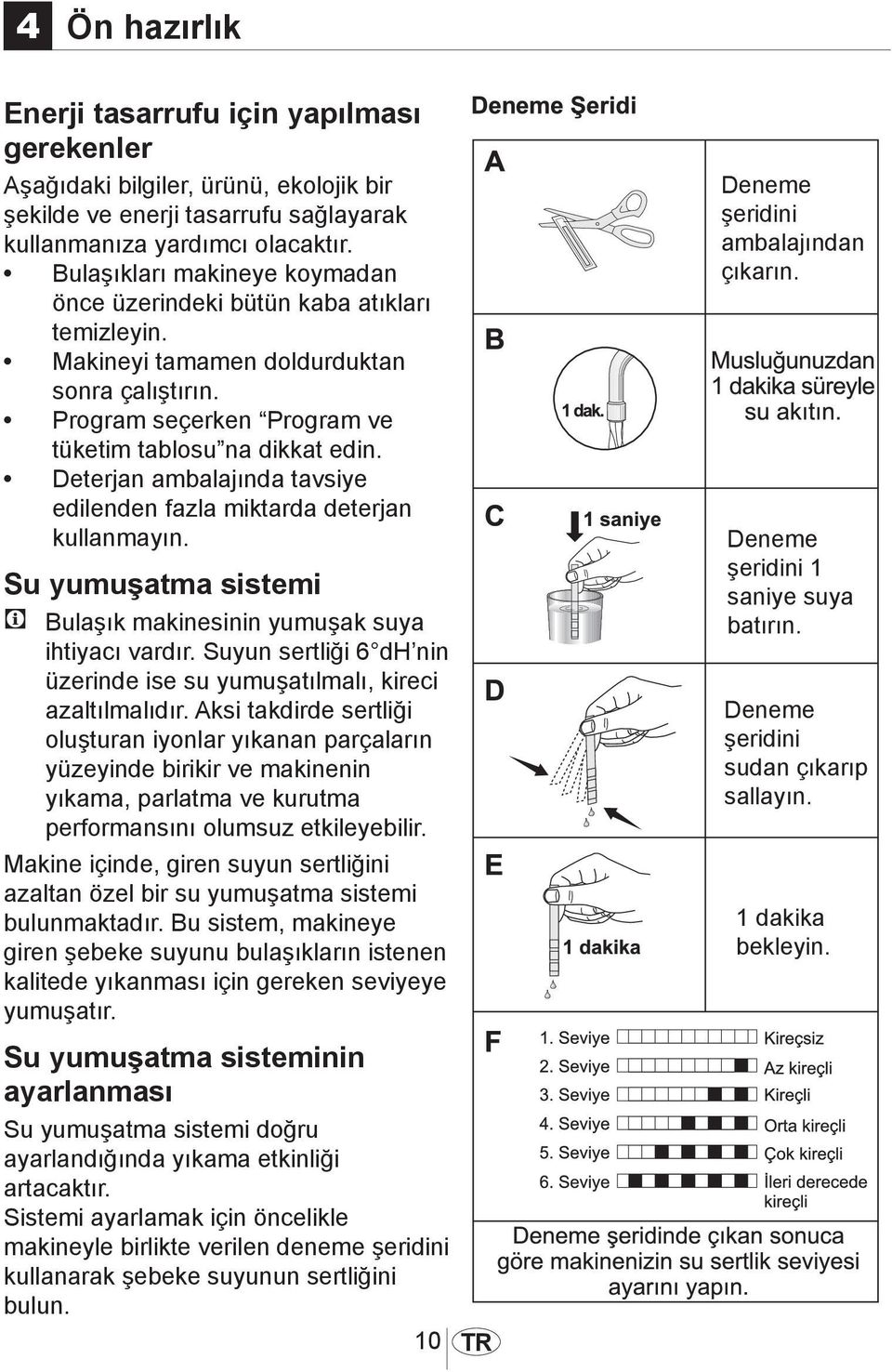 Deterjan ambalajında tavsiye edilenden fazla miktarda deterjan kullanmayın. Su yumuşatma sistemi C Bulaşık makinesinin yumuşak suya ihtiyacı vardır.