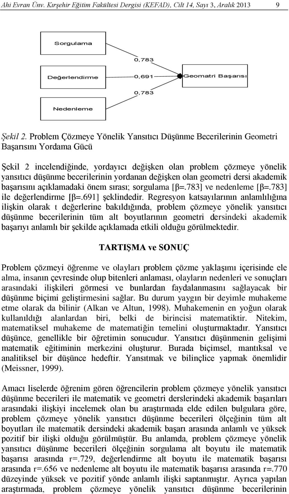 yordanan değişken olan geometri dersi akademik başarısını açıklamadaki önem sırası; sorgulama [β=.783] ve nedenleme [β=.783] ile değerlendirme [β=.691] şeklindedir.