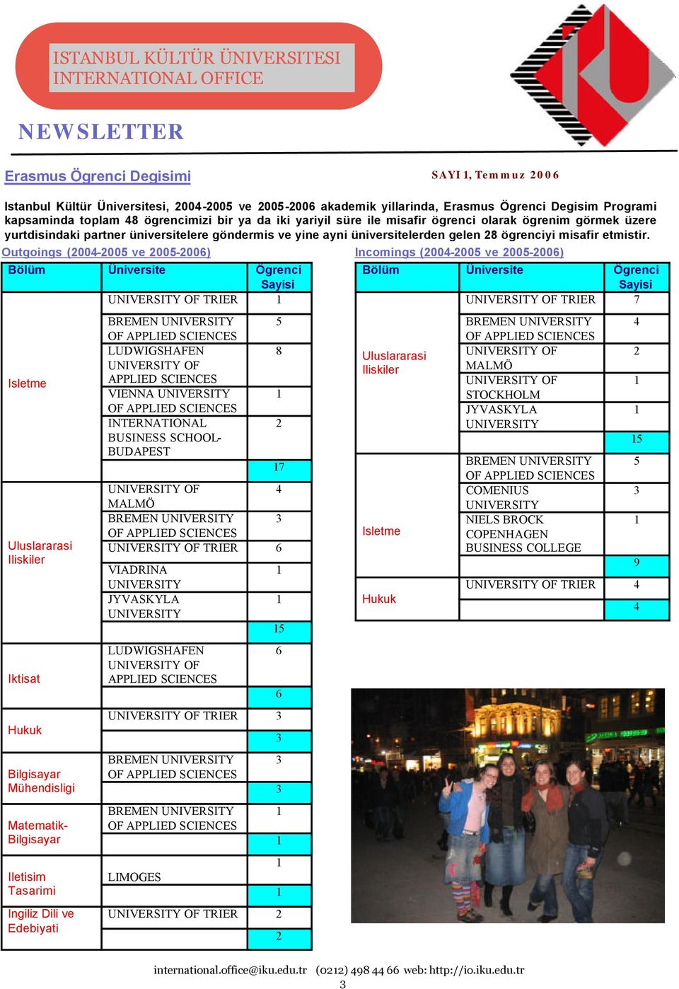 Outgoings (2004-2005 ve 2005-2006) Bölüm Üniversite Ögrenci Sayisi UNIVERSITY OF TRIER Isletme Uluslararasi Iliskiler Iktisat Hukuk Bilgisayar Mühendisligi Matematik- Bilgisayar Iletisim Tasarimi