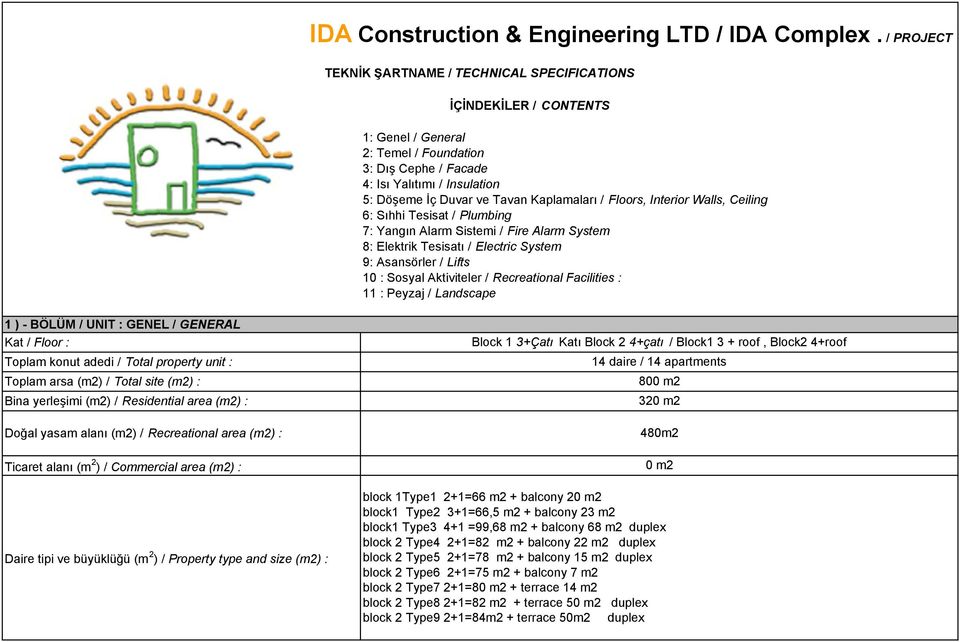 Kaplamaları / Floors, Interior Walls, Ceiling 6: Sıhhi Tesisat / Plumbing 7: Yangın Alarm Sistemi / Fire Alarm System 8: Elektrik Tesisatı / Electric System 9: Asansörler / Lifts 10 : Sosyal