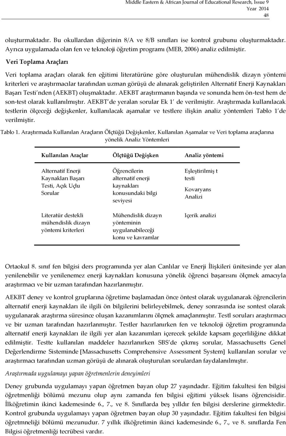 Alternatif Enerji Kaynakları Başarı Testi nden (AEKBT) oluşmaktadır. AEKBT araştırmanın başında ve sonunda hem ön-test hem de son-test olarak kullanılmıştır.