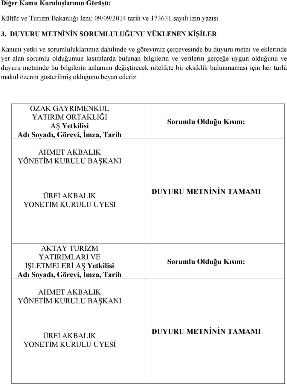 bilgilerin ve verilerin gerçeğe uygun olduğunu ve duyuru metninde bu bilgilerin anlamını değiştirecek nitelikte bir eksiklik bulunmaması için her türlü makul özenin gösterilmiş olduğunu beyan ederiz.