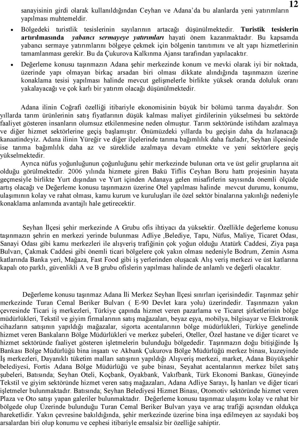 Bu kapsamda yabancı sermaye yatırımlarını bölgeye çekmek için bölgenin tanıtımını ve alt yapı hizmetlerinin tamamlanması gerekir. Bu da Çukurova Kalkınma Ajansı tarafından yapılacaktır.