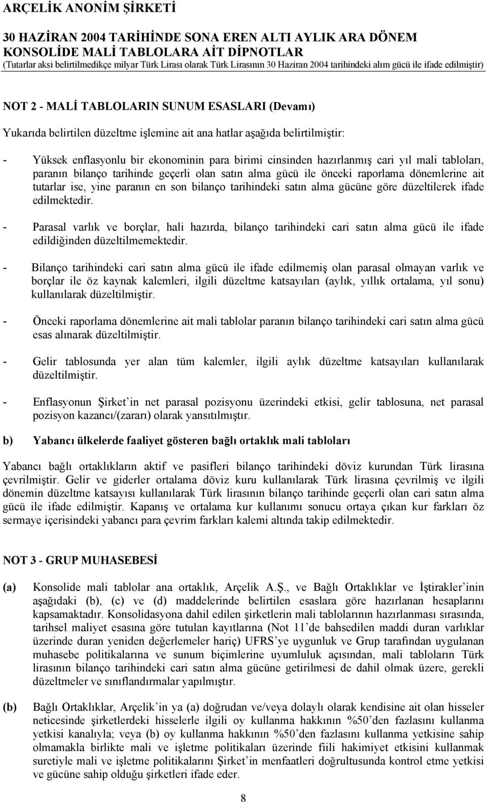 düzeltilerek ifade edilmektedir. - Parasal varlık ve borçlar, hali hazırda, bilanço tarihindeki cari satın alma gücü ile ifade edildiğinden düzeltilmemektedir.