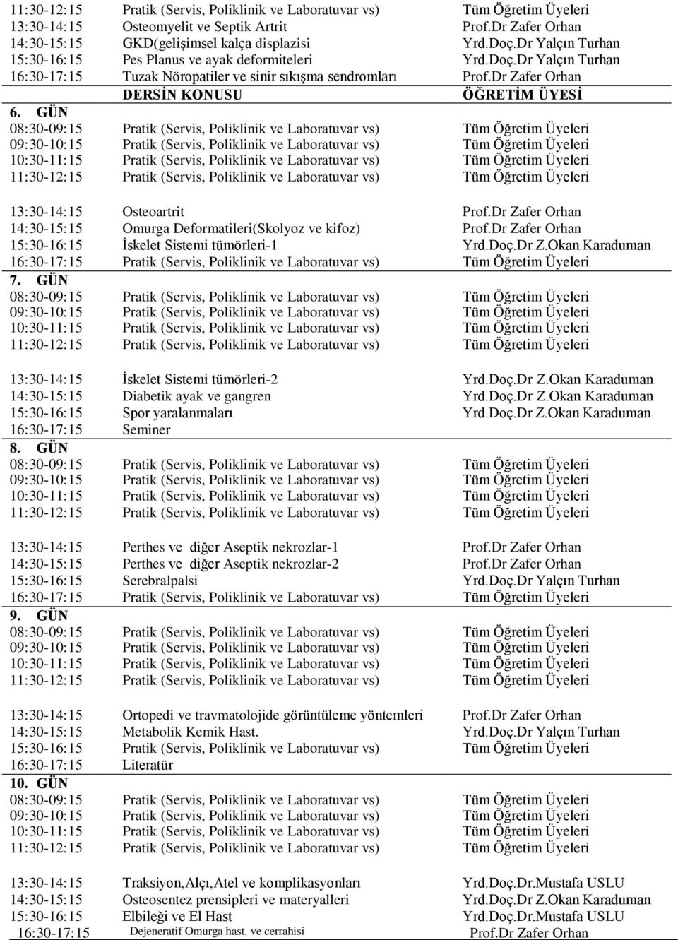 Dr Zafer Orhan Prof.Dr Zafer Orhan Yrd.Doç.Dr Z.Okan Karaduman 08:30-09:15 8. GÜN İskelet Sistemi tümörleri-2 Diabetik ayak ve gangren Spor yaralanmaları Seminer Yrd.Doç.Dr Z.Okan Karaduman Yrd.Doç.Dr Z.Okan Karaduman Yrd.Doç.Dr Z.Okan Karaduman 08:30-09:15 9.
