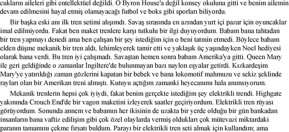 Babam bana tahtadan bir tren yapmayı denedi ama ben çalışan bir şey istediğim için o beni tatmin etmedi.