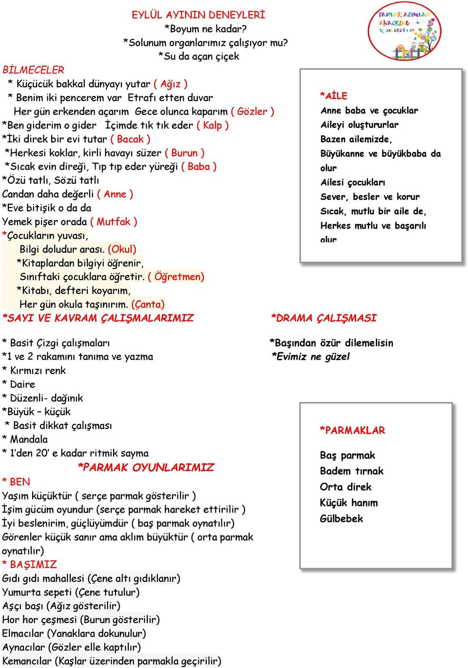 gider İçimde tık tık eder ( Kalp ) Aileyi oluştururlar *İki direk bir evi tutar ( Bacak ) Bazen ailemizde, *Herkesi koklar, kirli havayı süzer ( Burun ) Büyükanne ve büyükbaba da *Sıcak evin direği,