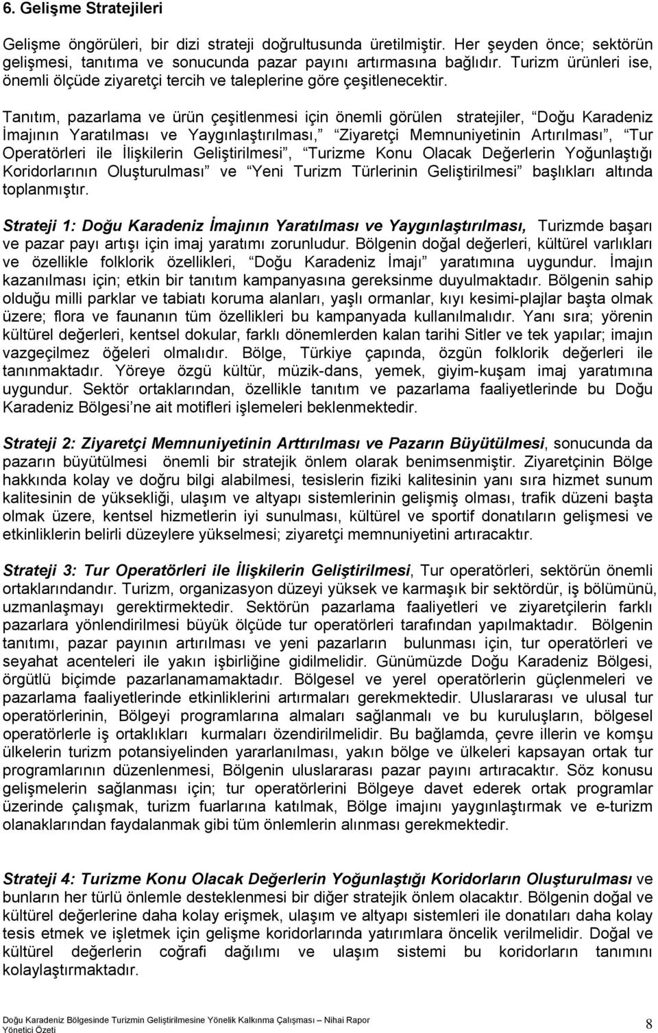 Tanıtım, pazarlama ve ürün çeşitlenmesi için önemli görülen stratejiler, Doğu Karadeniz İmajının Yaratılması ve Yaygınlaştırılması, Ziyaretçi Memnuniyetinin Artırılması, Tur Operatörleri ile