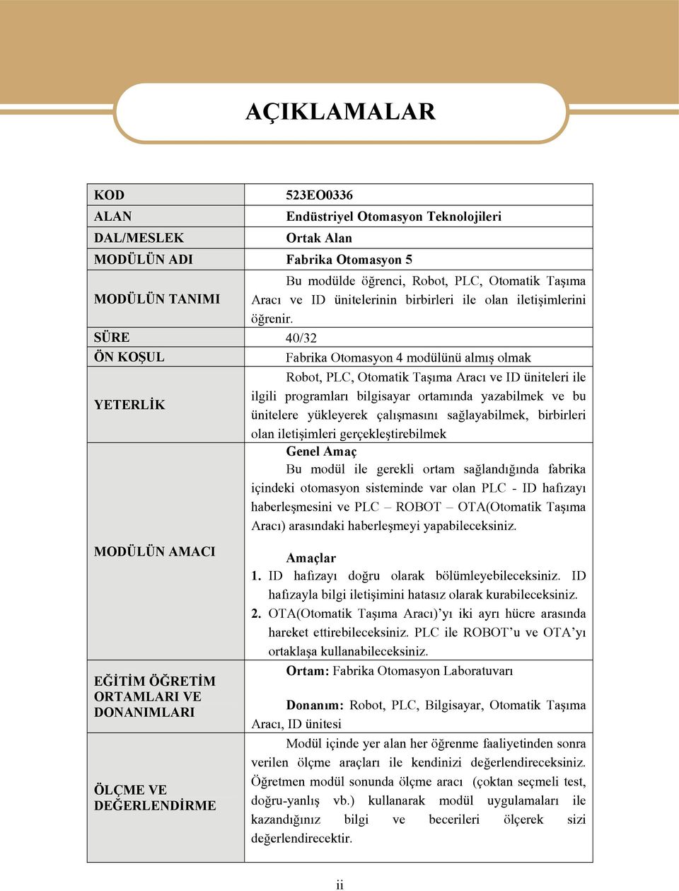 SÜRE 40/32 ÖN KOŞUL Fabrika Otomasyon 4 modülünü almış olmak YETERLİK Robot, PLC, Otomatik Taşıma Aracı ve ID üniteleri ile ilgili programları bilgisayar ortamında yazabilmek ve bu ünitelere