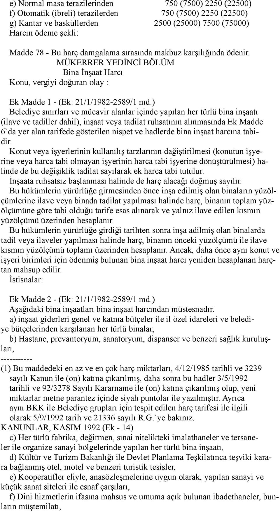 ) Belediye sınırları ve mücavir alanlar içinde yapılan her türlü bina inşaatı (ilave ve tadiller dahil), inşaat veya tadilat ruhsatının alınmasında Ek Madde 6`da yer alan tarifede gösterilen nispet