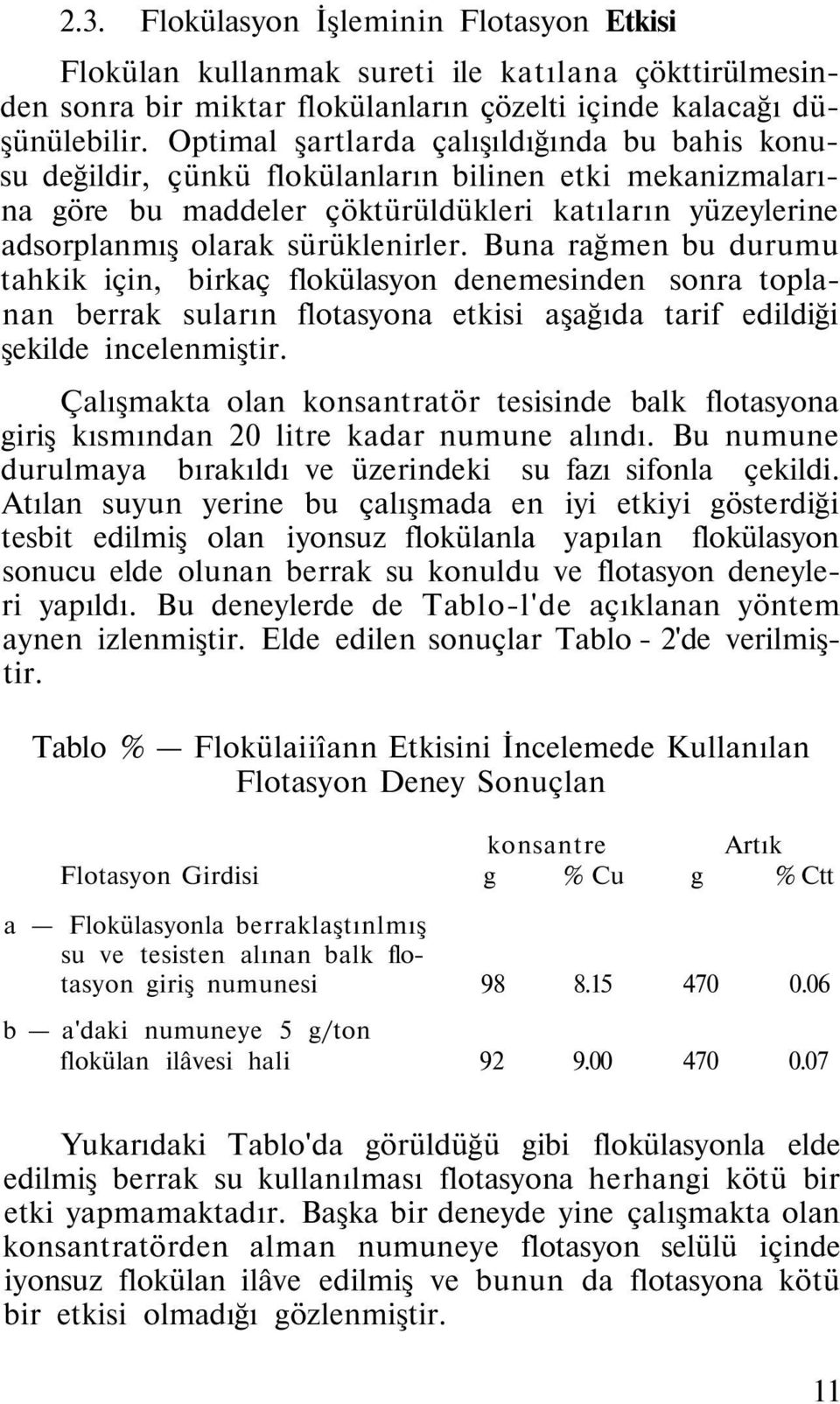 Buna rağmen bu durumu tahkik için, birkaç flokülasyon denemesinden sonra toplanan berrak suların flotasyona etkisi aşağıda tarif edildiği şekilde incelenmiştir.