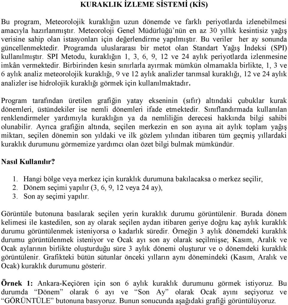 Programda uluslararası bir metot olan Standart Yağış İndeksi (SPI) kullanılmıştır. SPI Metodu, kuraklığın 1, 3, 6, 9, 12 ve 24 aylık periyotlarda izlenmesine imkân vermektedir.