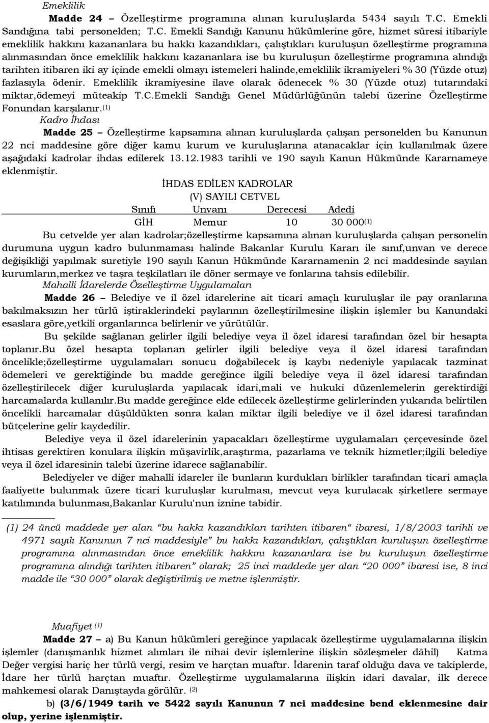 Emekli Sandığı Kanunu hükümlerine göre, hizmet süresi itibariyle emeklilik hakkını kazananlara bu hakkı kazandıkları, çalıştıkları kuruluşun özelleştirme programına alınmasından önce emeklilik