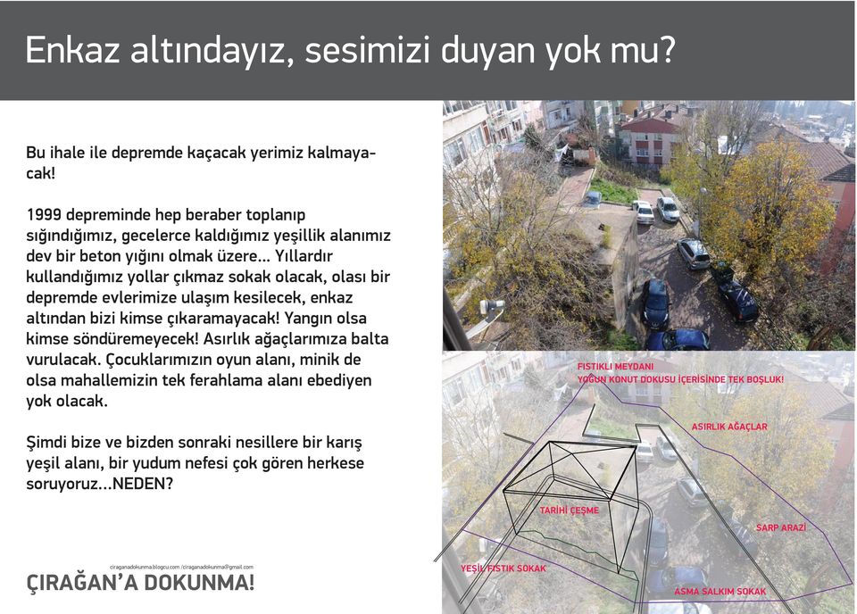 .. Yıllardır kullandığımız yollar çıkmaz sokak olacak, olası bir depremde evlerimize ulaşım kesilecek, enkaz altından bizi kimse çıkaramayacak! Yangın olsa kimse söndüremeyecek!