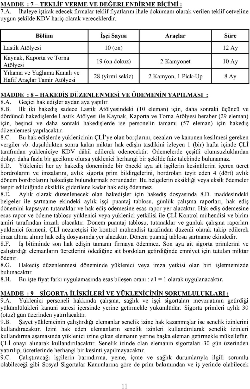 2 Kamyon, 1 Pick-Up 8 Ay MADDE : 8 HAKEDĠġ DÜZENLENMESĠ VE ÖDEMENĠN YAPILMASI : 8.A. Geçici hak edişler aydan aya yapılır. 8.B.