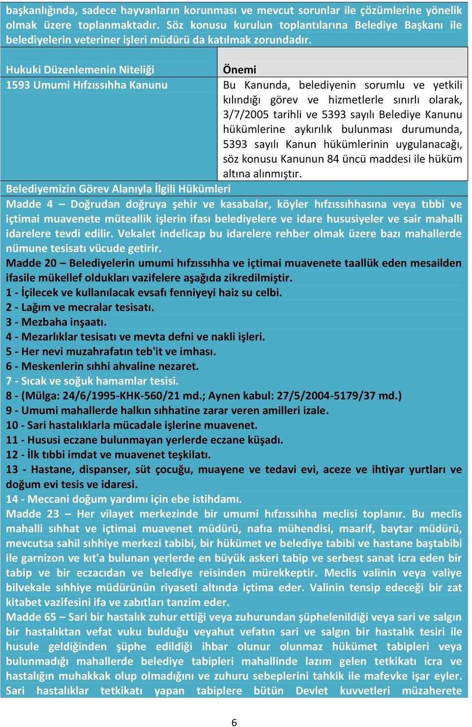 Hukuki Düzenlemenin Niteliği Önemi 1593 Umumi Hıfzıssıhha Kanunu Bu Kanunda, belediyenin sorumlu ve yetkili kılındığı görev ve hizmetlerle sınırlı olarak, 3/7/2005 tarihli ve 5393 sayılı Belediye