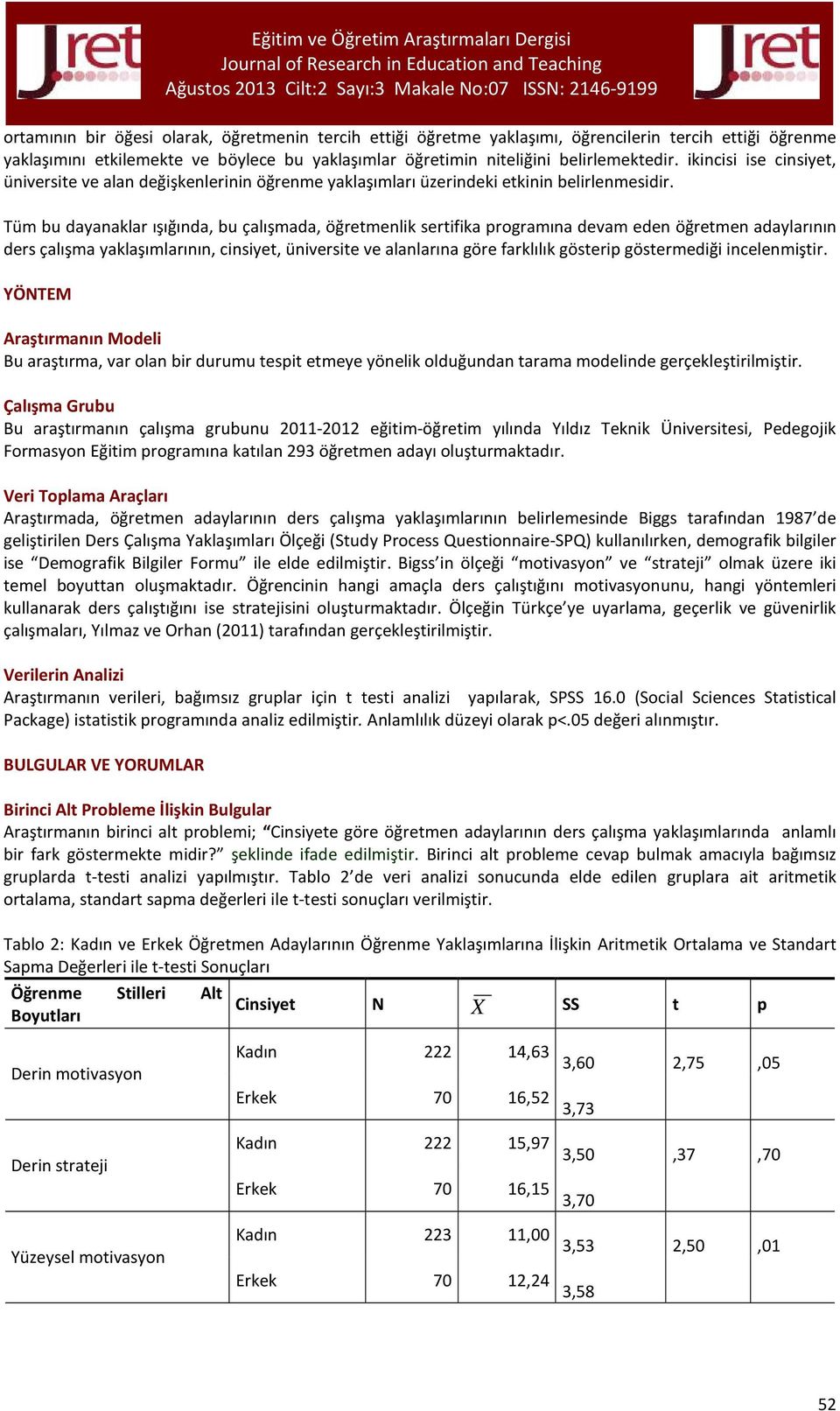 Tüm bu dayanaklar ışığında, bu çalışmada, öğretmenlik sertifika programına devam eden öğretmen adaylarının ders çalışma yaklaşımlarının, cinsiyet, üniversite ve alanlarına göre farklılık gösterip