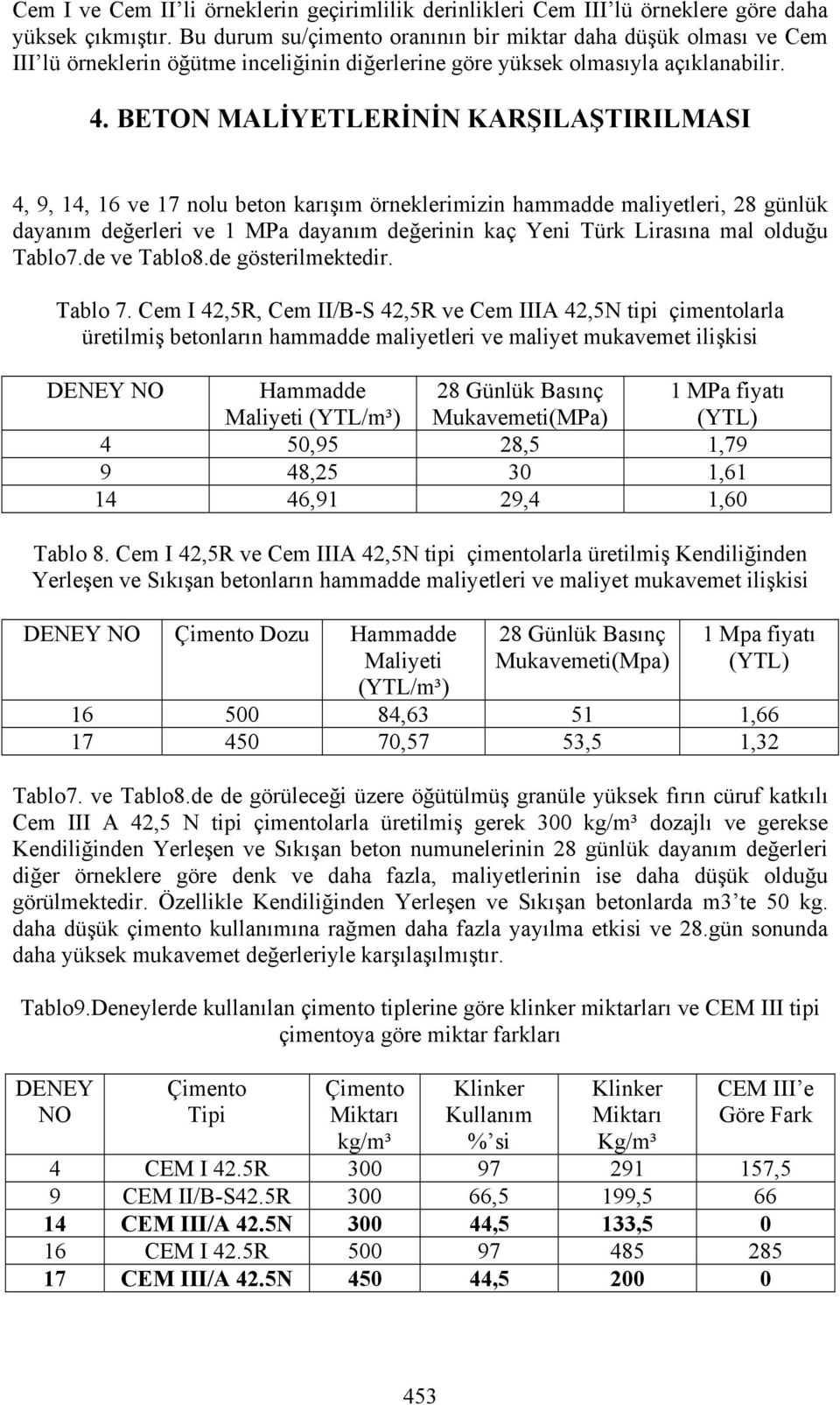 BETON MALİYETLERİNİN KARŞILAŞTIRILMASI 4, 9, 14, 16 ve 17 nolu beton karışım örneklerimizin hammadde maliyetleri, 28 günlük dayanım değerleri ve 1 MPa dayanım değerinin kaç Yeni Türk Lirasına mal