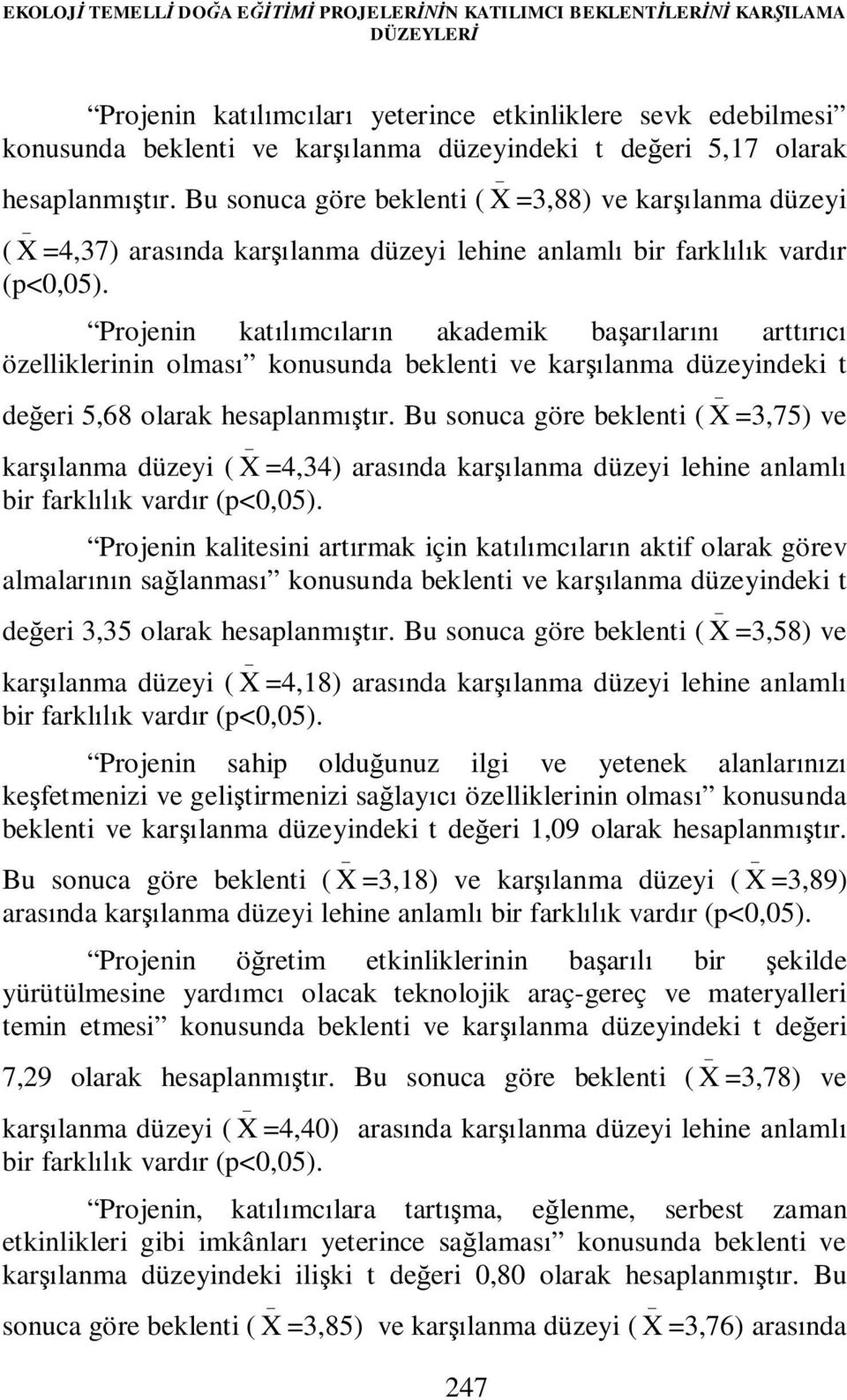 Projenin katılımcıların akademik başarılarını arttırıcı özelliklerinin olması konusunda beklenti ve karşılanma düzeyindeki t değeri 5,68 olarak hesaplanmıştır.