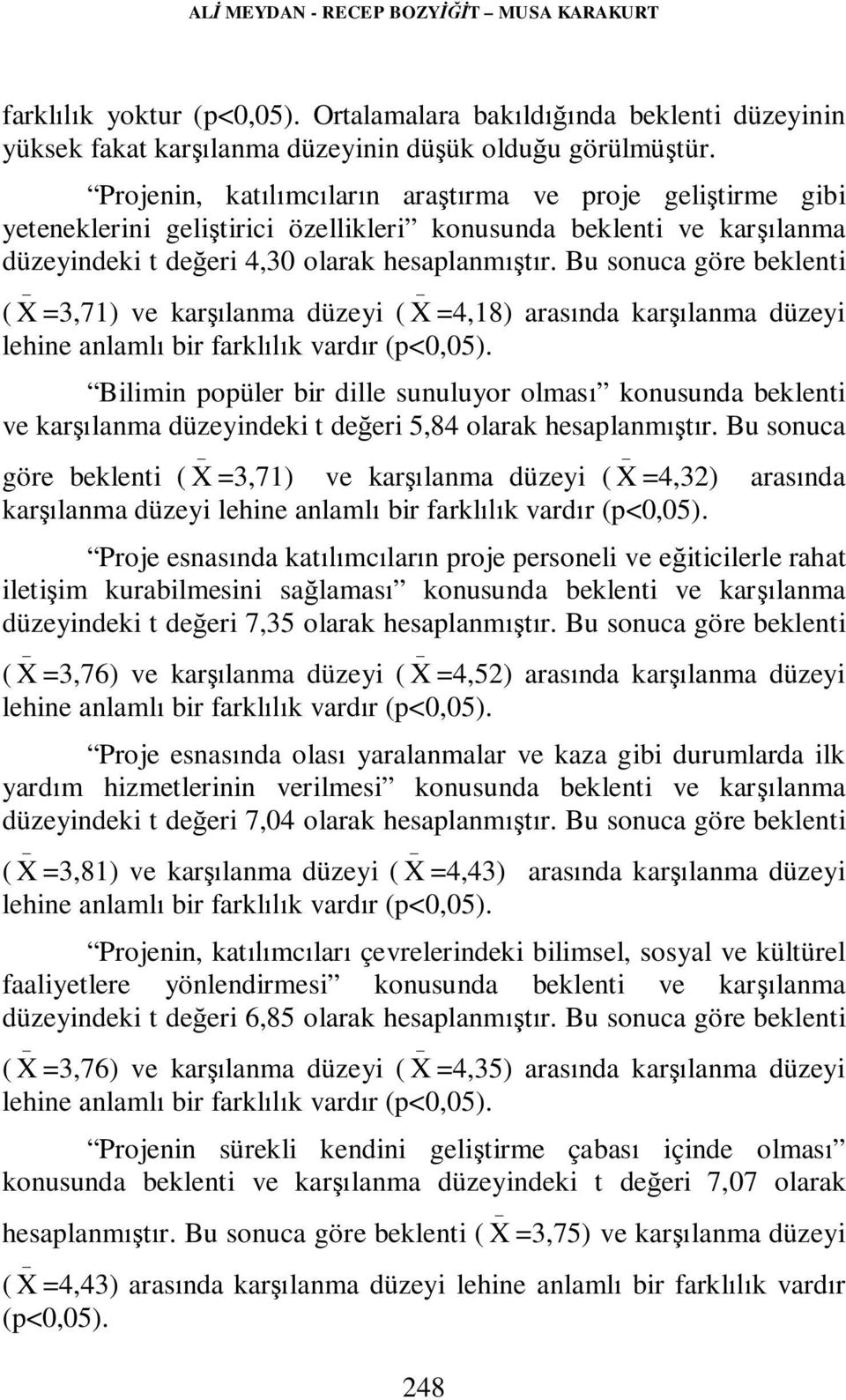 Bu sonuca göre beklenti ( _ X =3,71) ve karşılanma düzeyi ( _ X =4,18) arasında karşılanma düzeyi lehine anlamlı bir farklılık vardır (p<0,05).