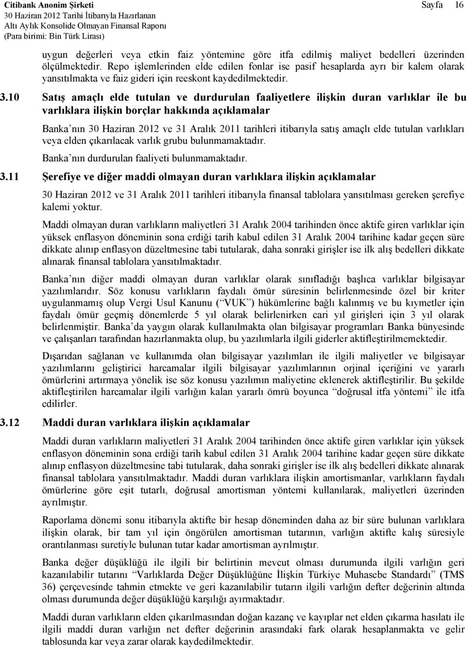 10 Satış amaçlı elde tutulan ve durdurulan faaliyetlere ilişkin duran varlıklar ile bu varlıklara ilişkin borçlar hakkında açıklamalar Banka nın 30 Haziran 2012 ve 31 Aralık 2011 tarihleri itibarıyla