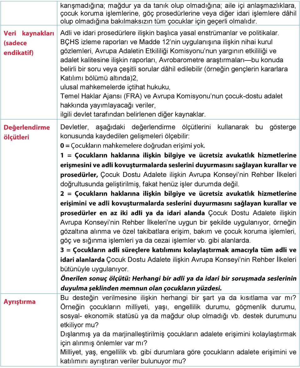 BÇHS izleme raporları ve Madde 12 nin uygulanışına ilişkin nihai kurul gözlemleri, Avrupa Adaletin Etkililiği Komisyonu nun yargının etkililiği ve adalet kalitesine ilişkin raporları, Avrobarometre