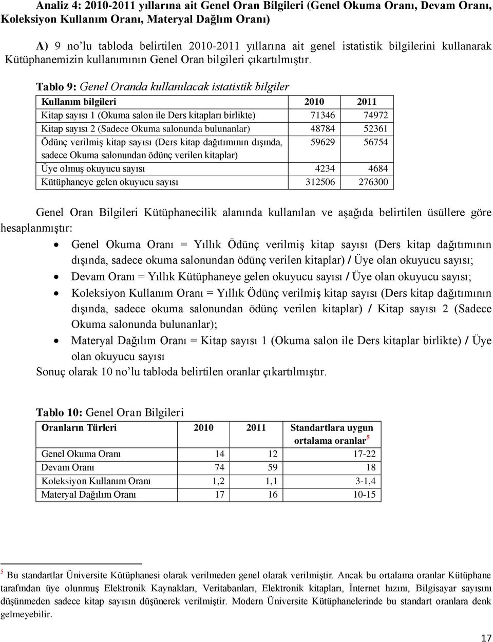 Tablo 9: Genel Oranda kullanılacak istatistik bilgiler Kullanım bilgileri 2010 2011 Kitap sayısı 1 (Okuma salon ile Ders kitapları birlikte) 71346 74972 Kitap sayısı 2 (Sadece Okuma salonunda