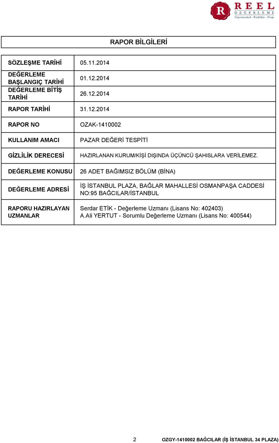 RAPORU HAZIRLAYAN UZMANLAR 01.12.2014 26.12.2014 31.12.2014 OZAK-1410002 PAZAR DEĞERİ TESPİTİ HAZIRLANAN KURUM/KİŞİ DIŞINDA ÜÇÜNCÜ ŞAHISLARA VERİLEMEZ.