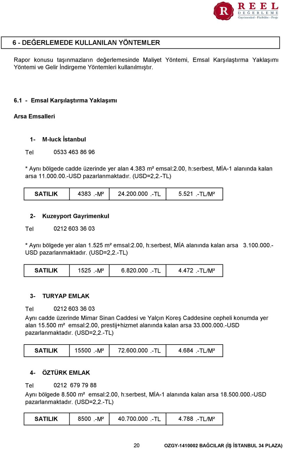 (USD=2,2.-TL) SATILIK 4383.-M² 24.200.000.-TL 5.521.-TL/M² 2- Kuzeyport Gayrimenkul 0212 603 36 03 Aynı bölgede yer alan 1.525 m² emsal2.00, hserbest, MİA alanında kalan arsa 3.100.000.- USD pazarlanmaktadır.