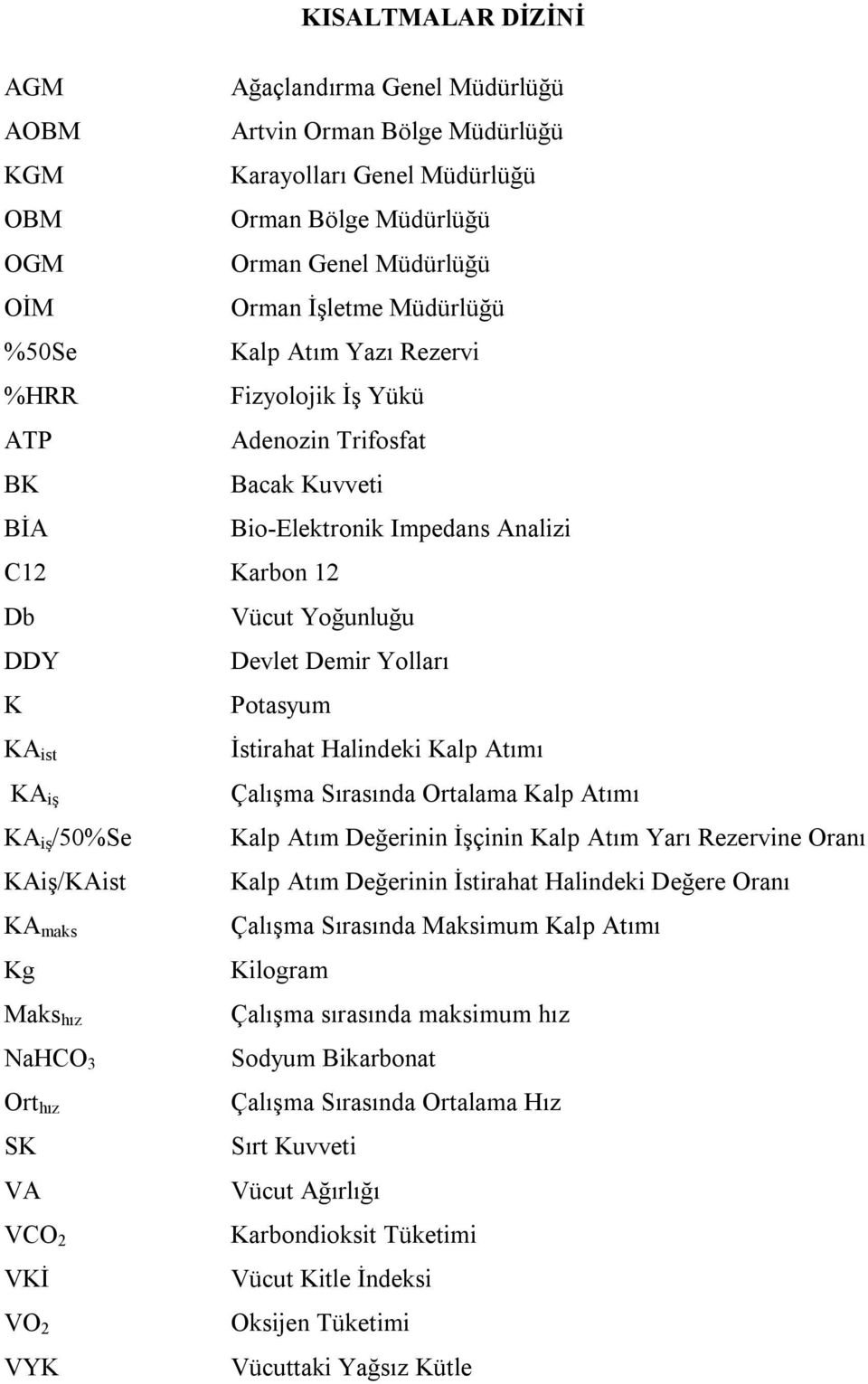 KA ist KA iş KA iş /50%Se KAiş/KAist KA maks Kg Maks hız NaHCO 3 Ort hız SK VA VCO 2 VKİ VO 2 VYK İstirahat Halindeki Kalp Atımı Çalışma Sırasında Ortalama Kalp Atımı Kalp Atım Değerinin İşçinin Kalp