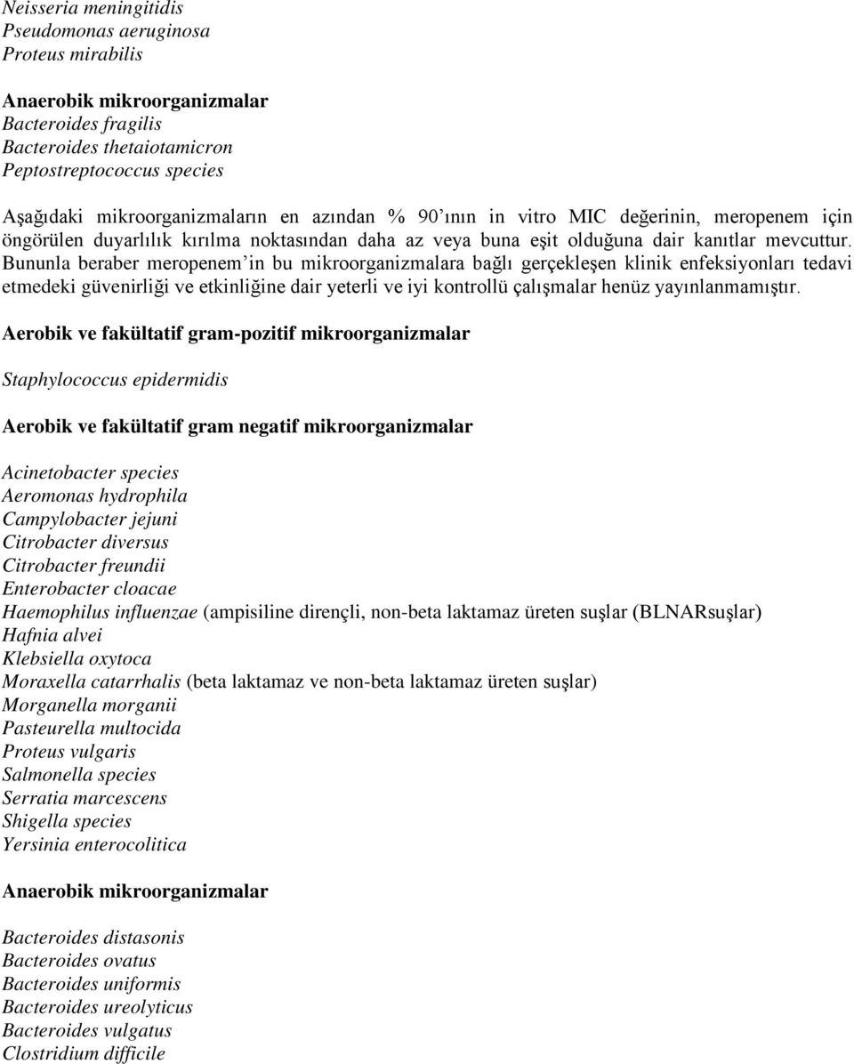 Bununla beraber meropenem in bu mikroorganizmalara bağlı gerçekleşen klinik enfeksiyonları tedavi etmedeki güvenirliği ve etkinliğine dair yeterli ve iyi kontrollü çalışmalar henüz yayınlanmamıştır.