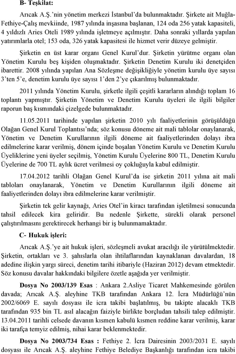 Daha sonraki yıllarda yapılan yatırımlarla otel; 153 oda, 326 yatak kapasitesi ile hizmet verir düzeye gelmiştir. Şirketin en üst karar organı Genel Kurul dur.