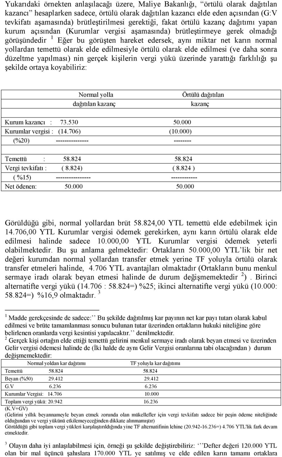 net karın normal yollardan temettü olarak elde edilmesiyle örtülü olarak elde edilmesi (ve daha sonra düzeltme yapılması) nin gerçek kişilerin vergi yükü üzerinde yarattığı farklılığı şu şekilde