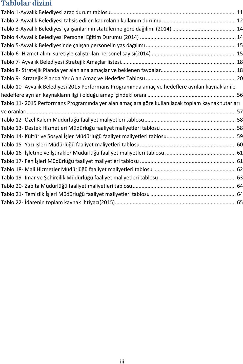 .. 14 Tablo 5-Ayvalık Belediyesinde çalışan personelin yaş dağılımı... 15 Tablo 6- Hizmet alımı suretiyle çalıştırılan personel sayısı(2014)... 15 Tablo 7- Ayvalık Belediyesi Stratejik Amaçlar listesi.