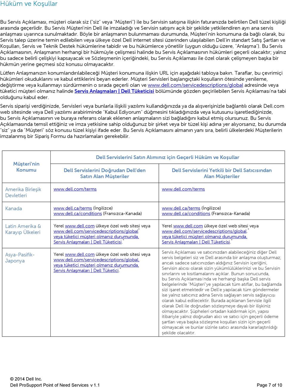 Böyle bir anlaşmanın bulunmaması durumunda, Müşteri'nin konumuna da bağlı olarak, bu Servis talep üzerine temin edilebilen veya ülkeye özel Dell internet sitesi üzerinden ulaşılabilen Dell'in