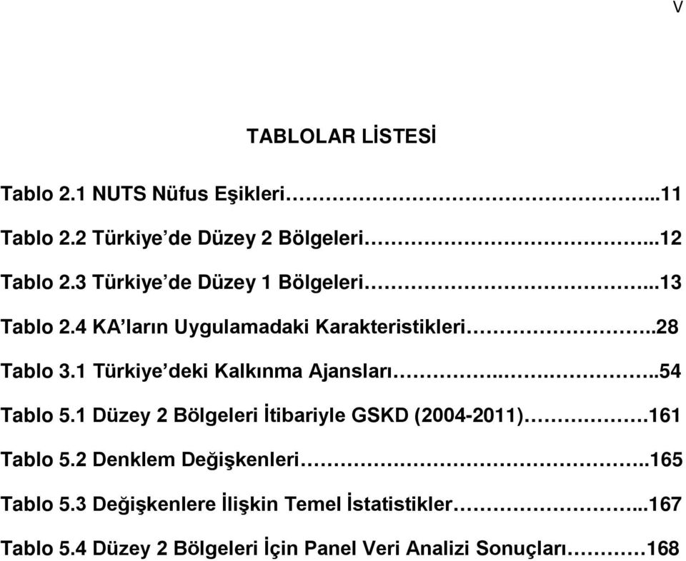 1 Türkiye deki Kalkınma Ajansları.....54 Tablo 5.1 Düzey 2 Bölgeleri İtibariyle GSKD (2004-2011).161 Tablo 5.